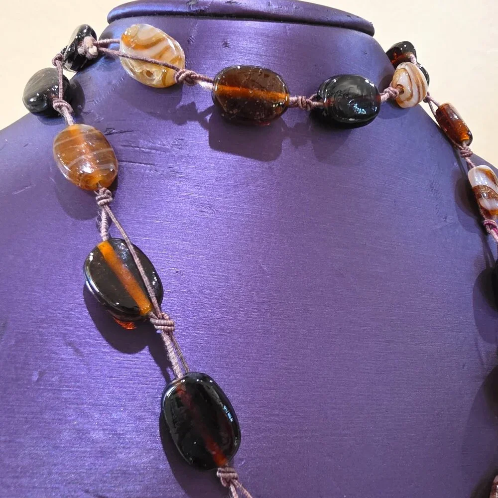 Artisan BOHO Earth Colors Rootbeer Brown Stripe Amber Art Glass Long Necklace